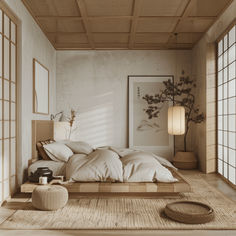 a bed sitting on top of a wooden floor in a bedroom next to two windows