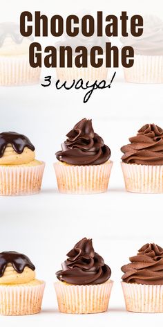 chocolate ganache cupcakes on a white background with text overlay that reads, chocolate ganache cupcakes