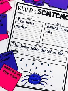 the spider in the rain build a sentence game for kids to practice reading and writing