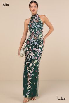 There will be no end to the compliments you receive when you're wearing the Lulus Infinite Praise Emerald 3D Floral Embroidered Halter Maxi Dress! This stunning dress has an airy mesh fabrication that boasts an array of floral embroidery and floral applique details, some of which have a 3D effect a the edges. Halter neckline has loop-button closures at the back, atop a princess-seamed, backless bodice. High, fitted waist sits atop a figure-skimming column skirt that finishes with an elegant maxi hem. Kick pleat at back allows for effortless movement. Hidden back zipper/clasp. Fit: This garment fits true to size. Length: Floor length. Size medium measures 61.5" from top to bottom. Bust: Great for any cup size. Waist: Fitted - very fitted at natural waist. Hip: Fitted - consider sizing up fo Green Floral Embroidered Dress For Gala, Green Floral Embroidery Dress For Gala, Floral Print Maxi Embroidered Dress For Party, Floral Print Embroidered Maxi Dress For Party, Elegant Embroidered Green Maxi Dress, Fitted Green Embroidered Dresses, Formal Green Embroidered Dress, Fitted Green Embroidered Maxi Dress, Green Embroidered Dress For Party With Intricate Details