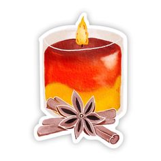 a watercolor painting of a candle with cinnamon stickers on the bottom and an ornament in the middle