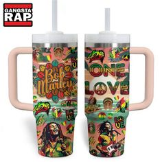 two travel mugs with the words bob marley love and reggae art on them, one is