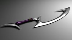 an image of a purple and silver knife on a gray background with reflection in it