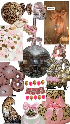 a collage of pink, gold and leopard themed items including cake, balloons, hats, bows, and decorations