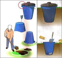 an image of a man digging in the ground with a shovel and trash can behind him