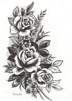 a drawing of roses with leaves and flowers on the bottom half of each flower, in black and white