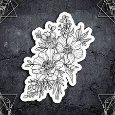 a black and white drawing of flowers on a stone surface with geometric shapes in the background