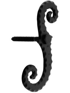 a black and white photo of a metal hook on a white background with the letter s