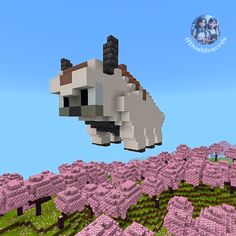 a dog flying over a field full of pink flowers in minecraft 1 8 2