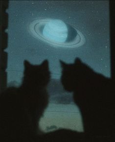 two cats are looking out the window at an object in the sky that looks like saturn