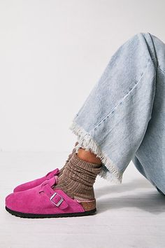 **Fit:** Narrow: A-B Width Classic slip-on Birkenstock open-back clogs in a cozy update, featuring a super soft shearling lining. * Full arch support * To grip * EVA outsole A Birkenstock narrow width fit is comparable to a Medium (B Width). | Boston Shearling Birkenstock at Free People in Pink, Size: EU 36 Boston Shearling Birkenstock, Shearling Birkenstock, Boston Shearling, Birkenstock Boston Shearling, Dr Shoes, Pretty Shoes