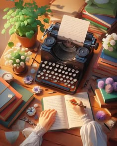 a person sitting at a table with an old fashioned typewriter and books on it