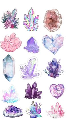 various crystals are arranged in the shape of hearts and flowers, with different colors on them