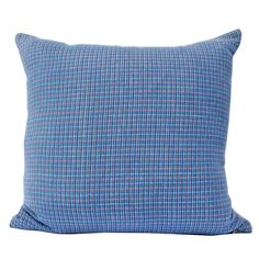 a blue and white plaid pillow on a white background