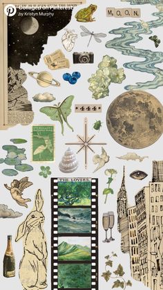 an assortment of stickers that include buildings, trees and other things in the sky