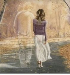 a painting of a woman walking down a path with an angel in the back ground