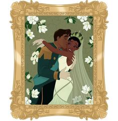 the princess and the frog is hugging each other in front of a golden frame with white flowers