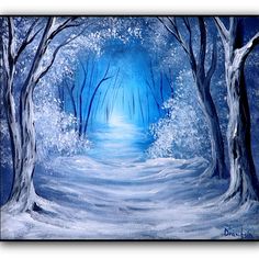 a painting of snow covered trees and blue sky