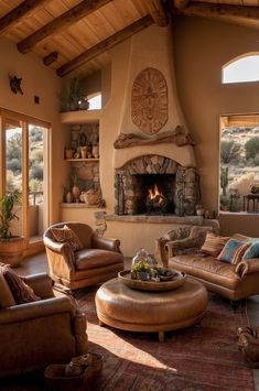 a living room filled with furniture and a fire place in the middle of a room