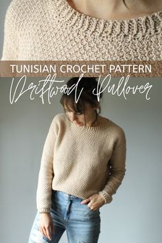 a woman wearing a sweater and jeans with the text, how to crochet a pattern