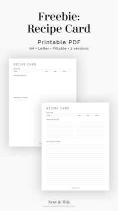 the freebie recipe card printable is shown in two different colors and font options