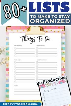 a clipboard with the words 80 lists to make to stay organized