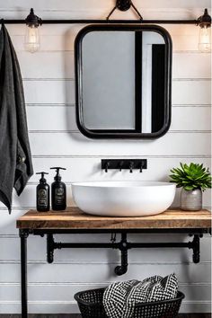 Farmhouse bathroom vanity with a shaker-style cabinet and a farmhouse sink Bathroom Vanity Ideas Using Old Furniture, Free Standing Bathroom Sink Ideas, Diy Farmhouse Vanity, Diy Rustic Bathroom Vanity, Ultimate Farmhouse, Reclaimed Wood Countertop, Diy Open Shelving, Barn Bathroom, Industrial Vanity