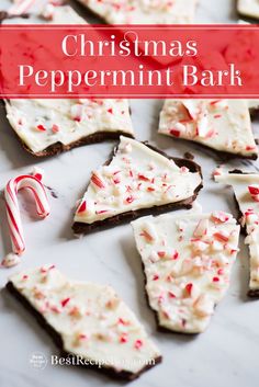 christmas peppermint bark with candy canes and white frosting in the middle