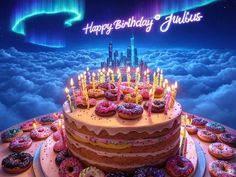 a birthday cake surrounded by donuts and lit candles