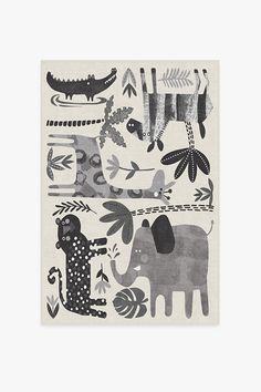 an elephant, giraffe and other animals are depicted in this hand drawn illustration