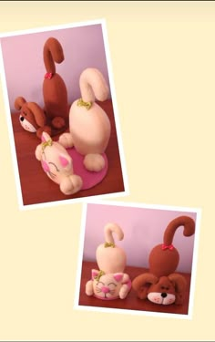 two pictures of stuffed animals on a table with pink walls and brown flooring in the background