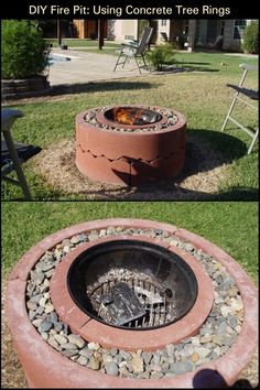 an outdoor fire pit made out of bricks and stones with the words diy fire pit using concrete tree rings