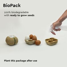 an advertisement for biopack is shown with eggs and other food items on the table