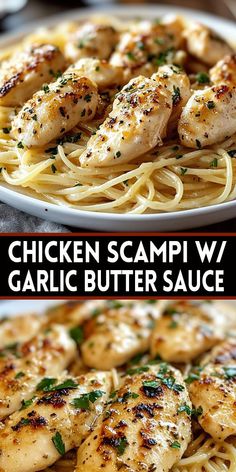 chicken scampp w / garlic butter sauce on top of pasta in a white bowl