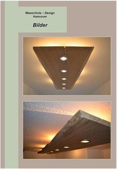 two different views of a light fixture in a room with white walls and ceiling lights