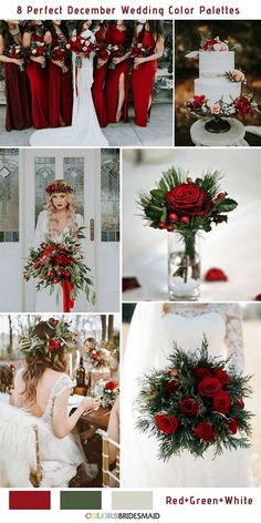 red and green wedding color palettes for the bride's bouquet, bridal gown