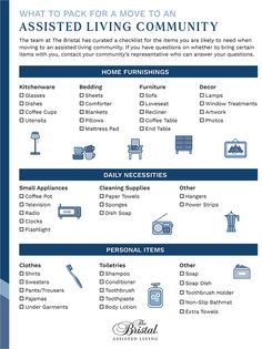 a blue and white poster with instructions on how to pack for an assisted living community