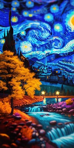 a painting of a starry night over a river