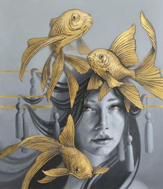 a painting of a woman with gold fish on her head and two other fishes in front of her