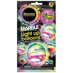 the packaging for marble light up balloons is multicolored and has three different colors