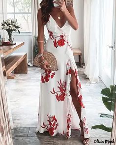 Olivia Mark - High Slit Floral Print Ruffle Maxi Dress Chique Outfit, Backless Dress Summer, Ruffle Trim Dress, Dress Sleeve Styles, Maxi Robes, Floral Print Maxi Dress, Ruffled Maxi Dress, Trend Fashion, White Maxi Dresses