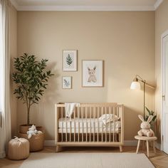 a baby's room with a crib, potted plant and pictures on the wall