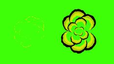 a green background with a yellow flower in the center and a black circle on the bottom