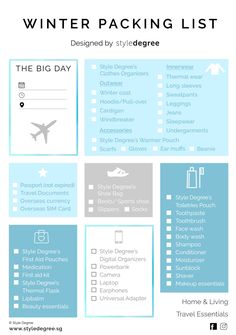 the winter packing list is shown in blue and white, with an airplane on it