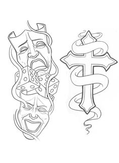 two masks with faces drawn on them, one has a cross and the other has a snake