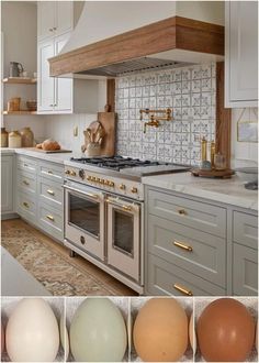 an image of kitchen with eggs in the middle and on the stove top, along with pictures of different types of cooking utensils