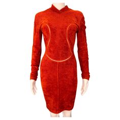 Vintage Azzedine Alaïa Fall 1991 - seen on the runway  Deep orange chenille knit dress Cutout stitching detail Very soft plush stretch fabric Hidden zip up back Size XS, best fits UK 6 & 8 / US 2 & 4 Length 47” Overall good condition - few marks on inner back of one arm  Instagram @studdedpetals Fitted Orange Winter Dress, Fitted Orange Dress For Winter, Orange Stretch Bodycon Dress With Long Sleeves, Orange Long Sleeve Stretch Bodycon Dress, Fitted Orange Bodycon Dress For Fall, Alaia Dress, Azzedine Alaïa, Azzedine Alaia, Deep Orange