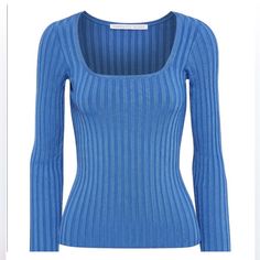 Veronica Beard Clara Blue Ribbed Scoop Neck Top $325 Blue Ribbed Scoop Neck Top, Light Blue Fitted Ribbed Top, Blue Scoop Neck Top For Fall, Ribbed Knit Top, Scoop Neck Top, Active Wear Outfits, Veronica Beard, Ulla Johnson, Blue Sweaters