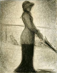 a black and white drawing of a woman in a long dress with a straw hat