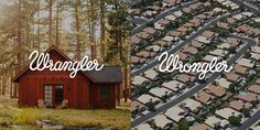 an aerial view of a small red cabin in the woods, with words that spell out wisconsin above it